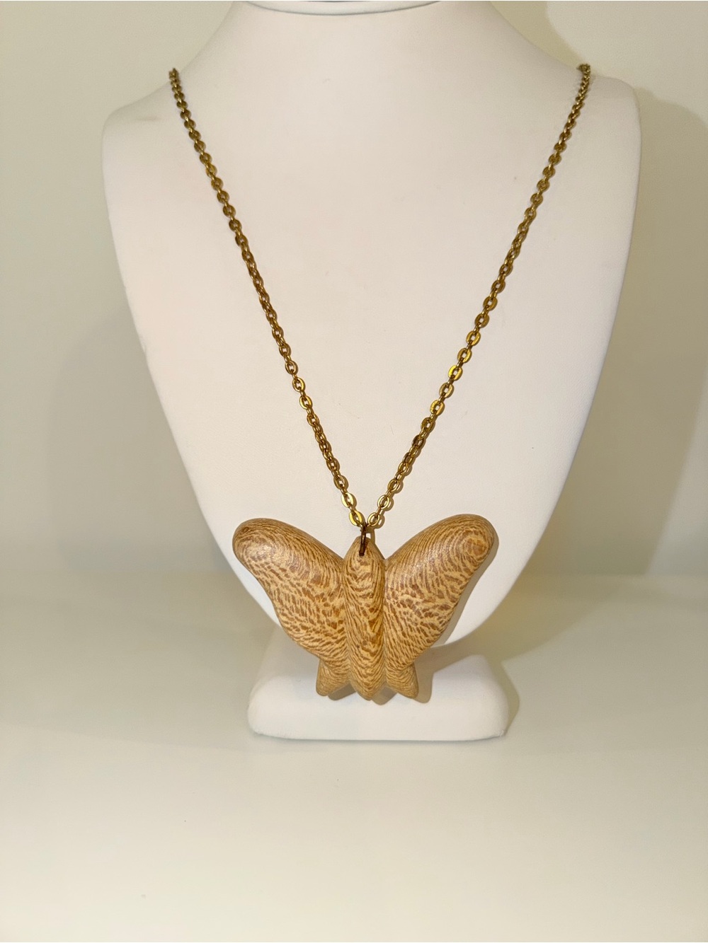 Wooden Butterfly Pendant Long Necklace - Gold Chain